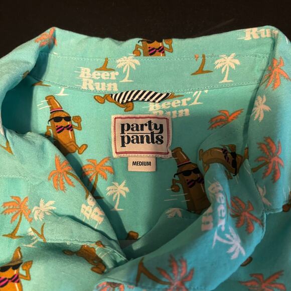 Party Pants Beer Run Shirt Mens Medium Aqua Blue Button Down SS Hawaiian Style - Picture 3 of 6